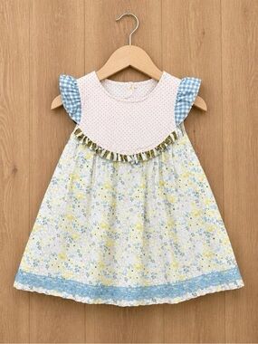 Matilda Jane Platinum Girls Size 8 Floral Dress Blue Gingham Flutter Sleeve Lace